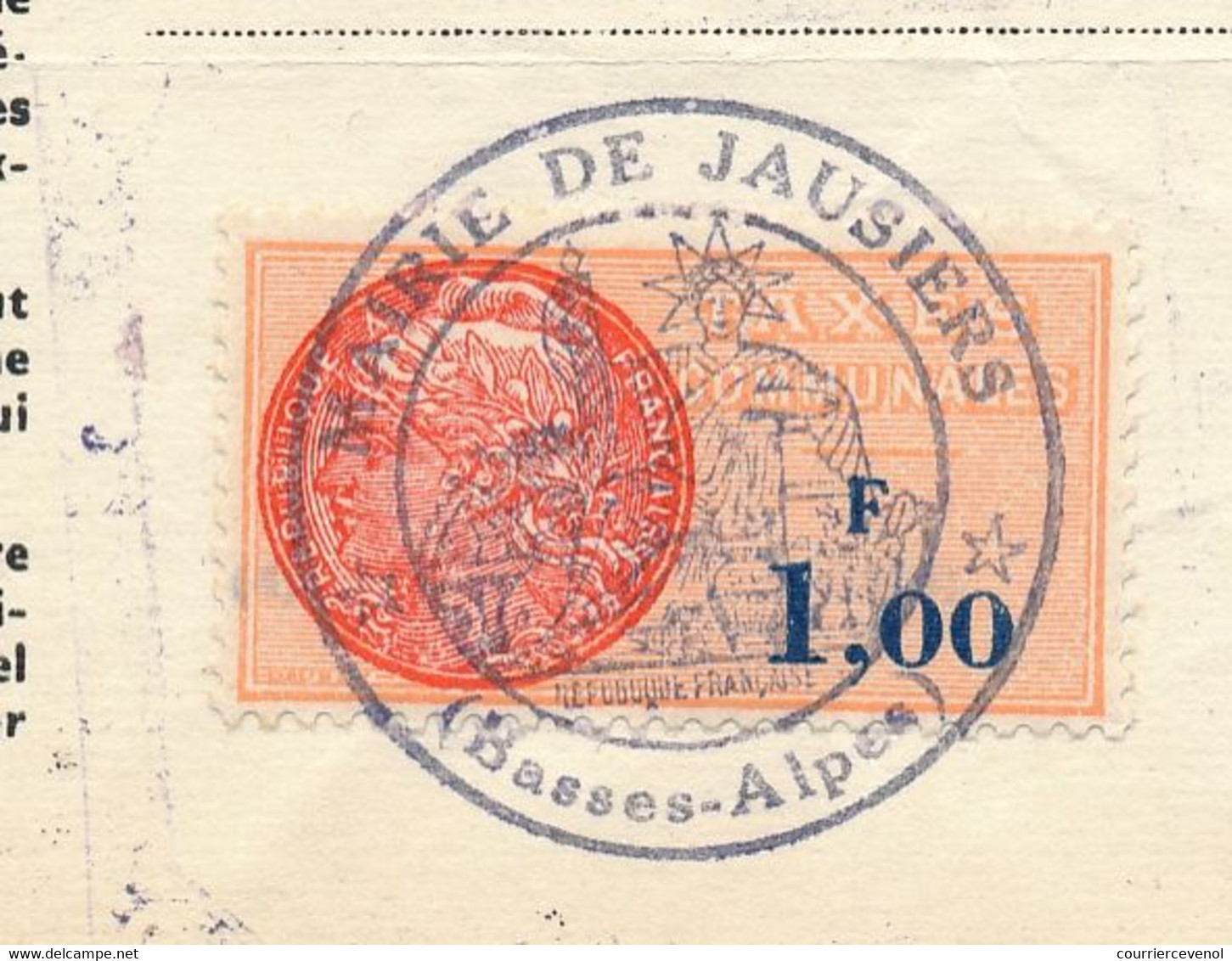 FRANCE - Extrait D'Acte De Naissance - Mairie De Jausiers (Basses Alpes) - Fiscal 1,00 Taxes Communales - 1965 - Autres & Non Classés