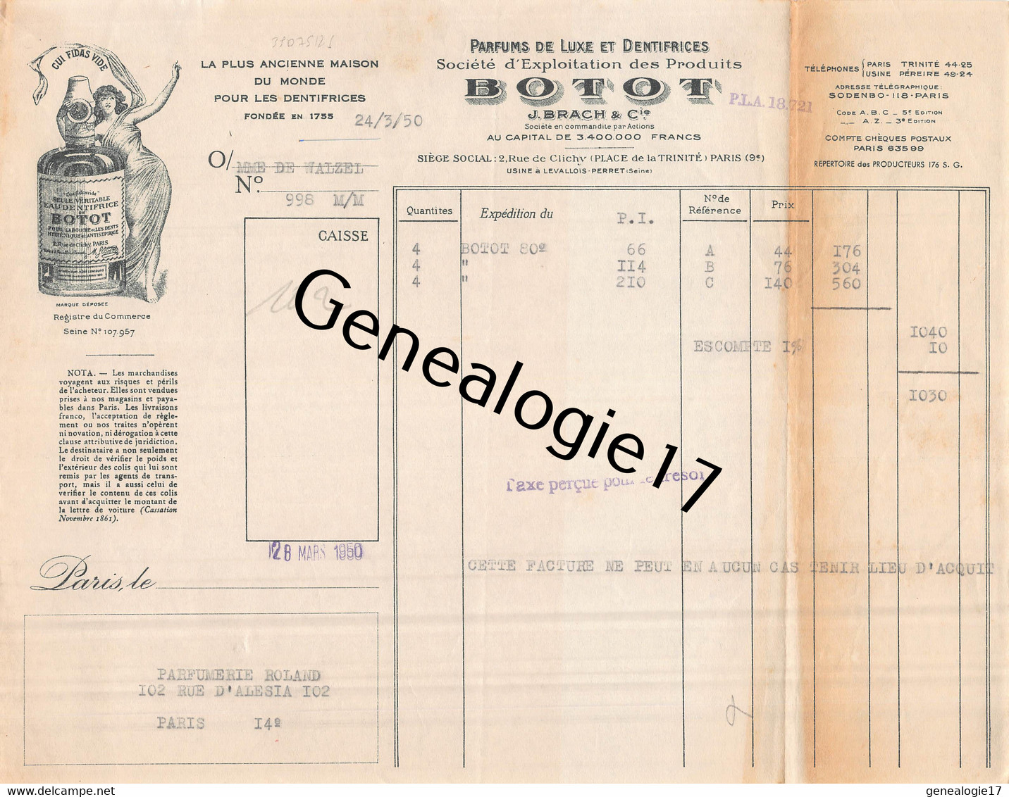 75 26264 PARIS SEINE 1950 Parfums Dentifrices BOTOT Ets J. BRACH Rue De Clichy Place De La Trinite USINE A LEVALLOIS PER - Droguerie & Parfumerie