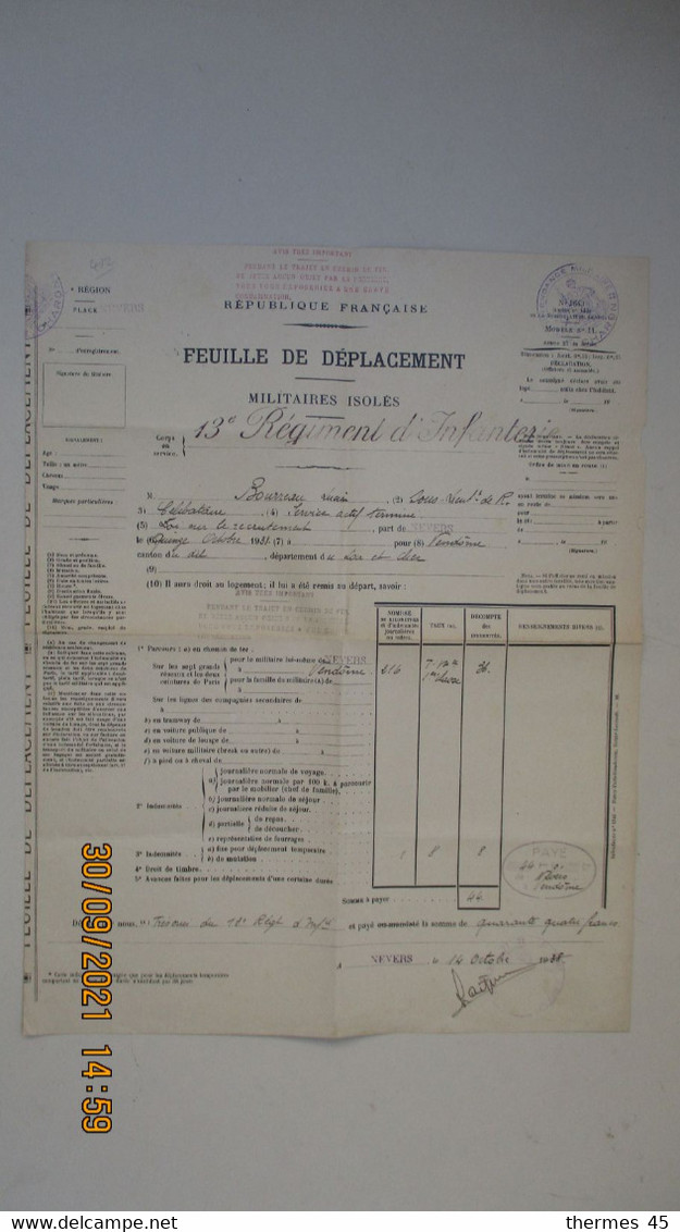 FEUILLE De DEPLACEMENT De NEVERS à VENDÖME / Ch. De Fer / 14 Oct. 1938 / Militaire Isolé / - Other & Unclassified
