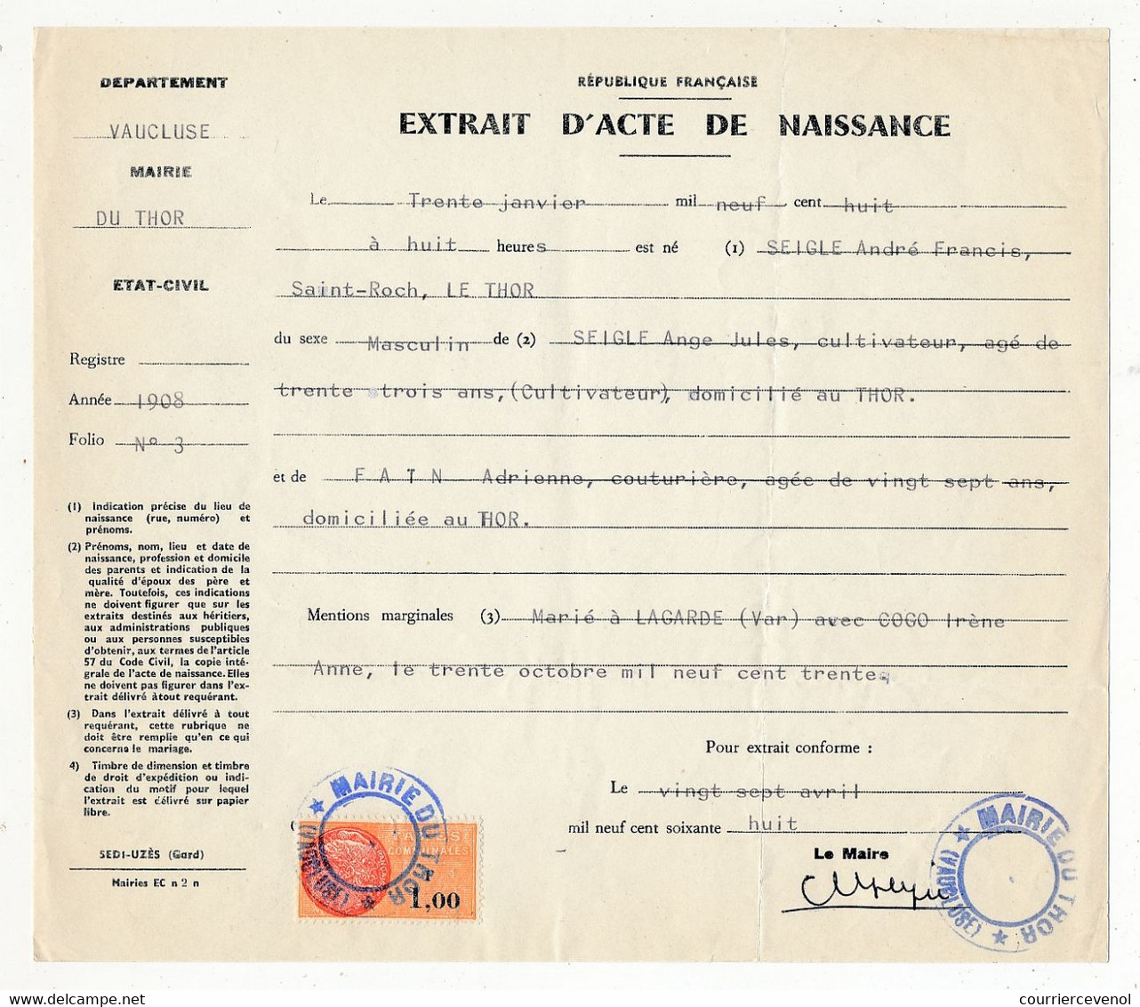 FRANCE - Extrait D'Acte De Naissance - Mairie Du Thor (Vaucluse) - Fiscal 1,00F Taxes Communales 1968 - Otros & Sin Clasificación