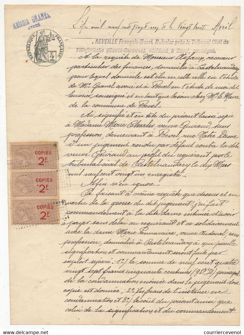 FRANCE - Signification De Jugement - Papier Timbré 2F + 2F Copies Type Daussy X3 - 1921 - Otros & Sin Clasificación