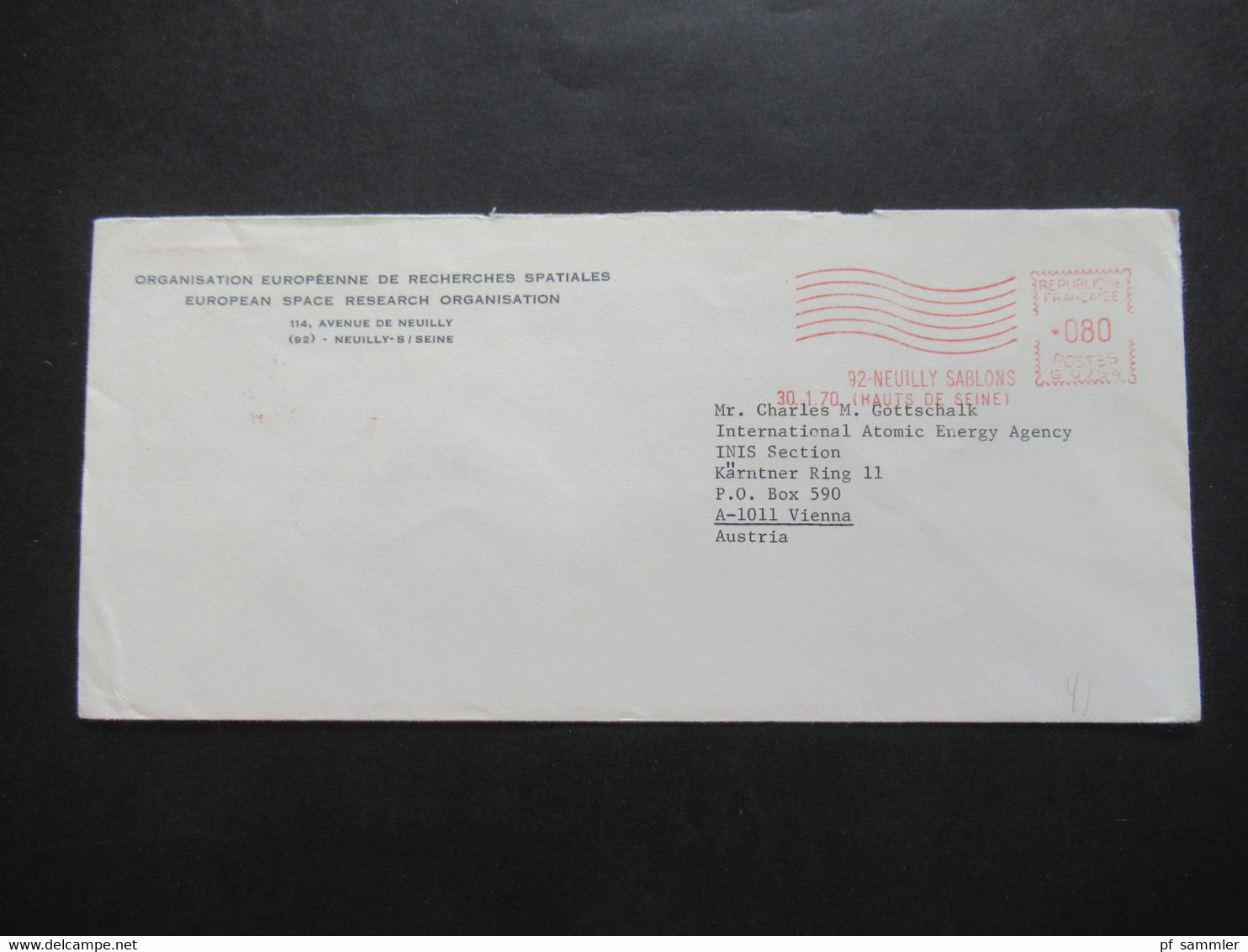 Frankreich 1965 AFS Freistempel Belege European Space Research Organisation 1x nach Wien Int. Atmic Energy Agency Vienna