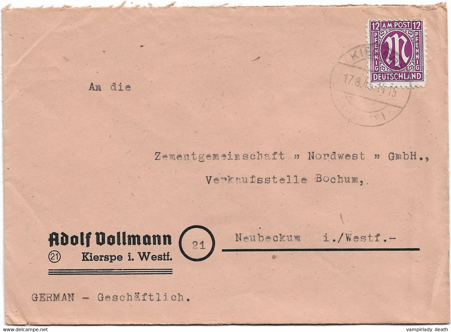 Brief, Kierspe In Westfalen, Lüdenscheid, "Adolf Vollmann", Gel 17.8.1945 - Other & Unclassified