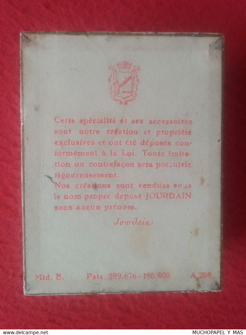 ANTIGUA CAJA Y FRASCO BOTE DE PERFUME FRAGANCIA COLONIA O SIMIL JOURDAIN PARIS, VACÍO, SIN PERFUME..FRAGANCE FRANCE VER.