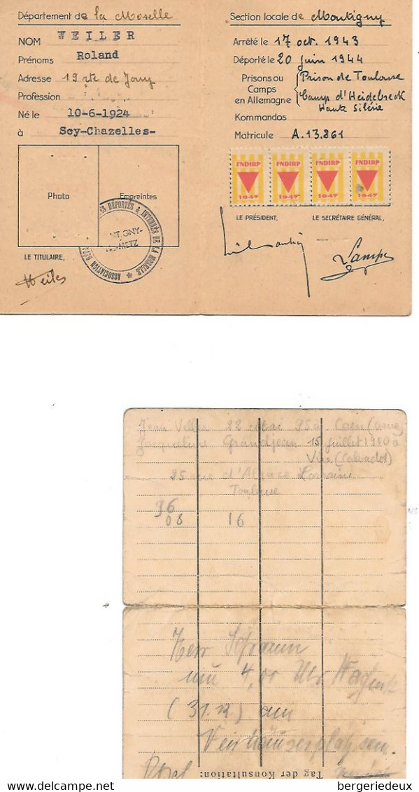 A/1         Militaria  -  Carte De Déporté Et Internés Résistants & Patriotes   - 9 Novembre 1944 - Documents