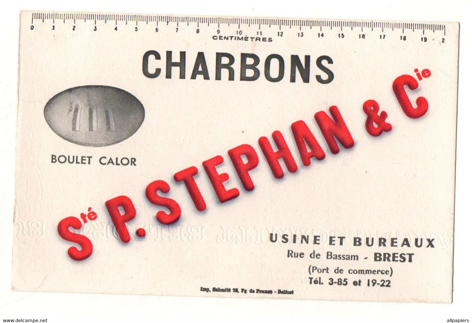 Buvard Charbons Boulet Calor Sté P. Stephan & Cie Usine Et Bureaux à Brest - Format : 21.5x13.5 Cm - C