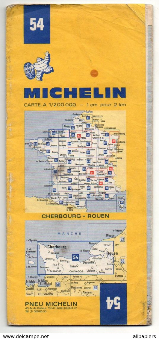 Carte A 1/200000 Cherbourg - Rouen N°54 Pneu Michelin De 1972 - Carte Stradali