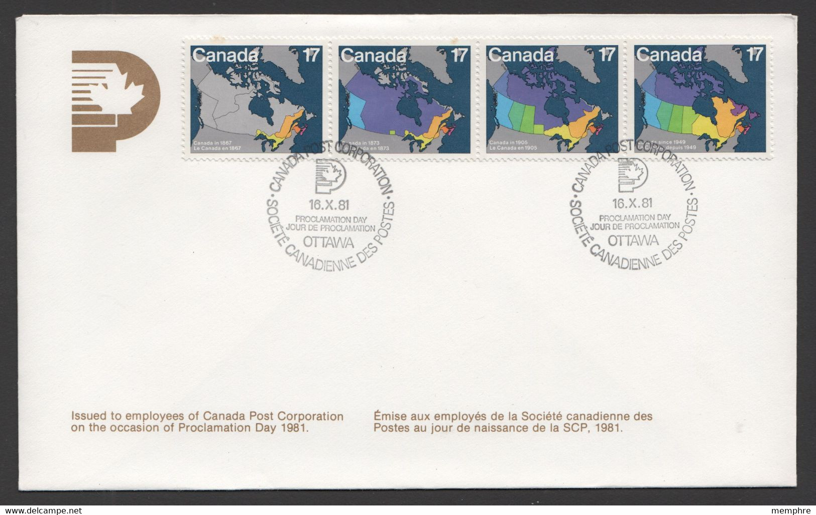 1981 S04 Canada Post Corporation Proclamation Day - Employees' Issue  Sc 890-3 - Sobres Conmemorativos