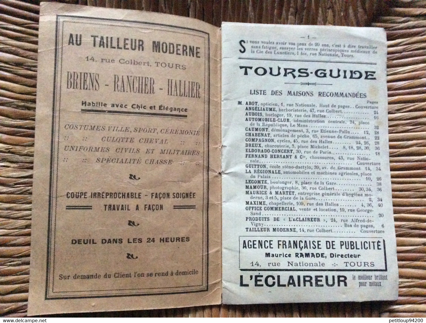 TOURS-GUIDE  Ville De Tours  ANNÉE 1919 - Menus