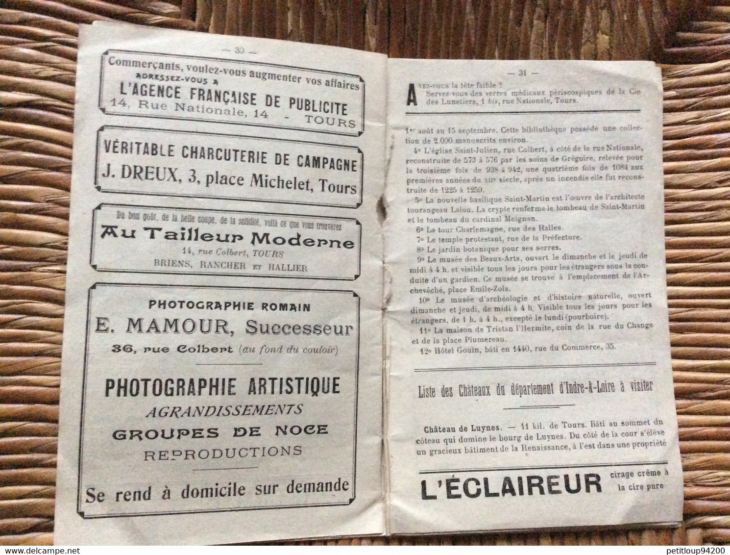 TOURS-GUIDE  Ville De Tours  ANNÉE 1919 - Menu Kaarten