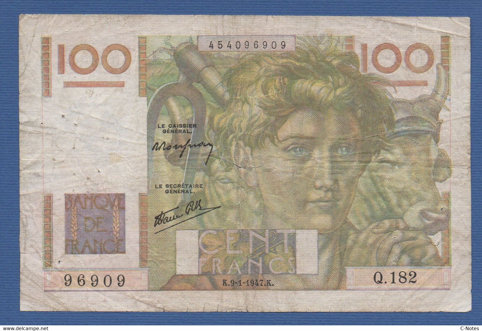 FRANCE - P.128 – 100 Francs ''Jeune Paysan'' 09.01.1947 Circulated Serie Q.182 96909 - 100 F 1945-1954 ''Jeune Paysan''