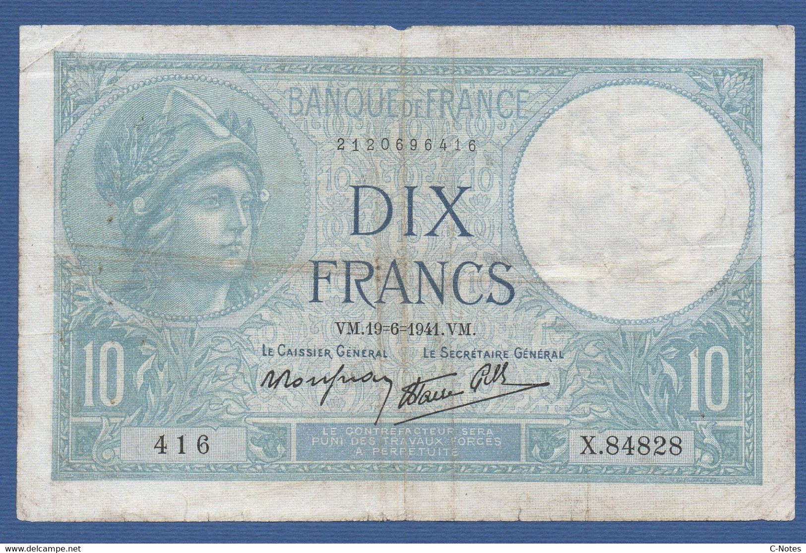 FRANCE - P. 84 – 10 Francs ''Minerve'' 19.06.1941 Circulated Serie X.84828 - 10 F 1916-1942 ''Minerve''