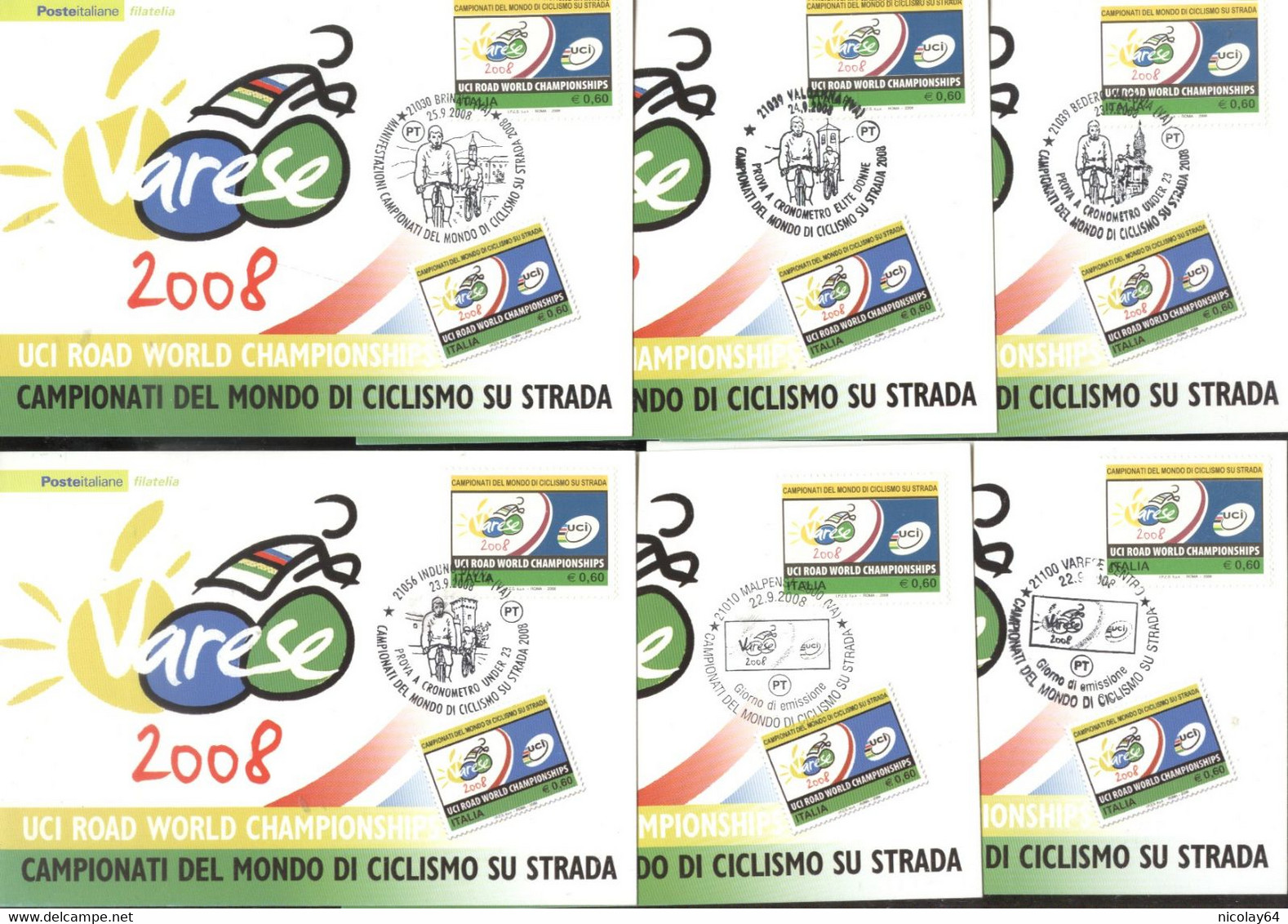 Cycling World Championships 2008 14 Cards Of Italy With 13 Different Postmarks - Ciclismo