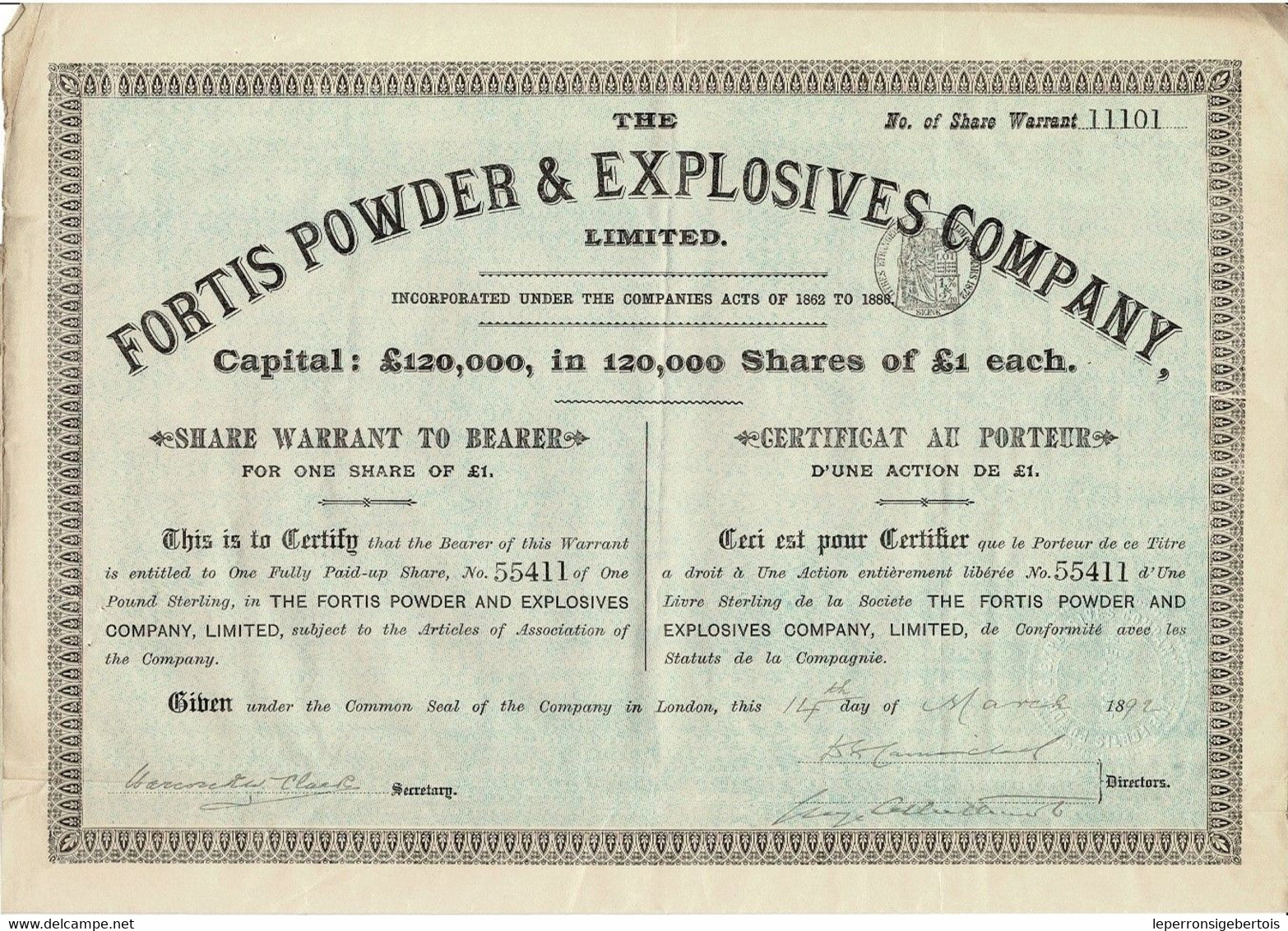 Titre Ancien - The Fortis Powder & Explosives Company , Limited  - Titre De 1892 - - Industrie