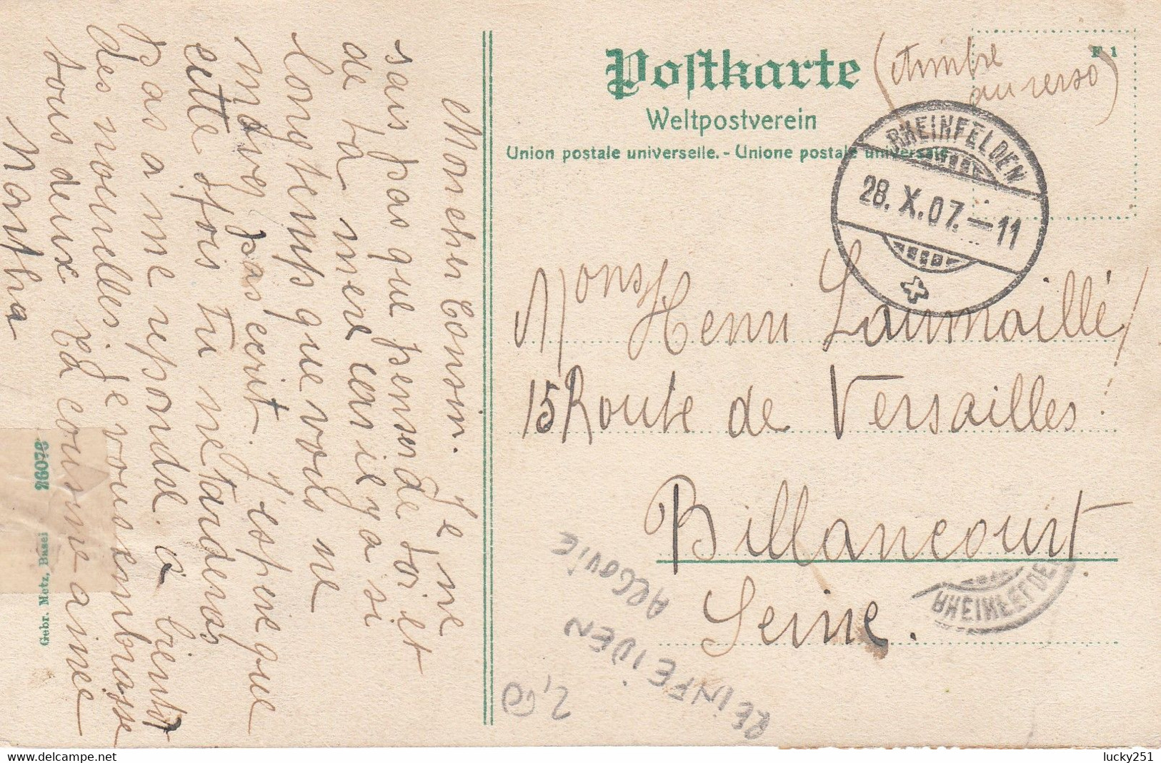 Suisse - Hôtel - Rheinfelden -  Hôtel Krone - Circulée 28/10/1907 - Rheinfelden