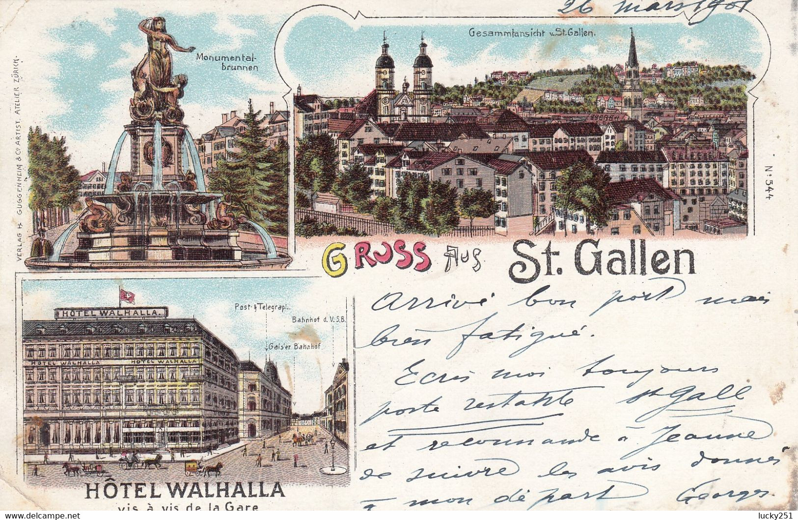 Suisse - Hôtel - St Gallen - Hôtel Walhalla - Circulée 26/03/1901 - Litho - Sankt Gallen