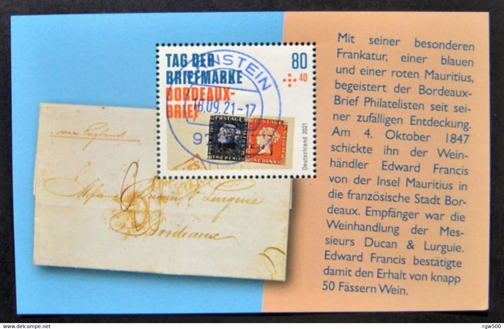 Bund/BRD September 2021,  Block 88 "Tag Der Briefmarke-Bordeaux-Brief", MiNr 3623, Gestempelt - Usati