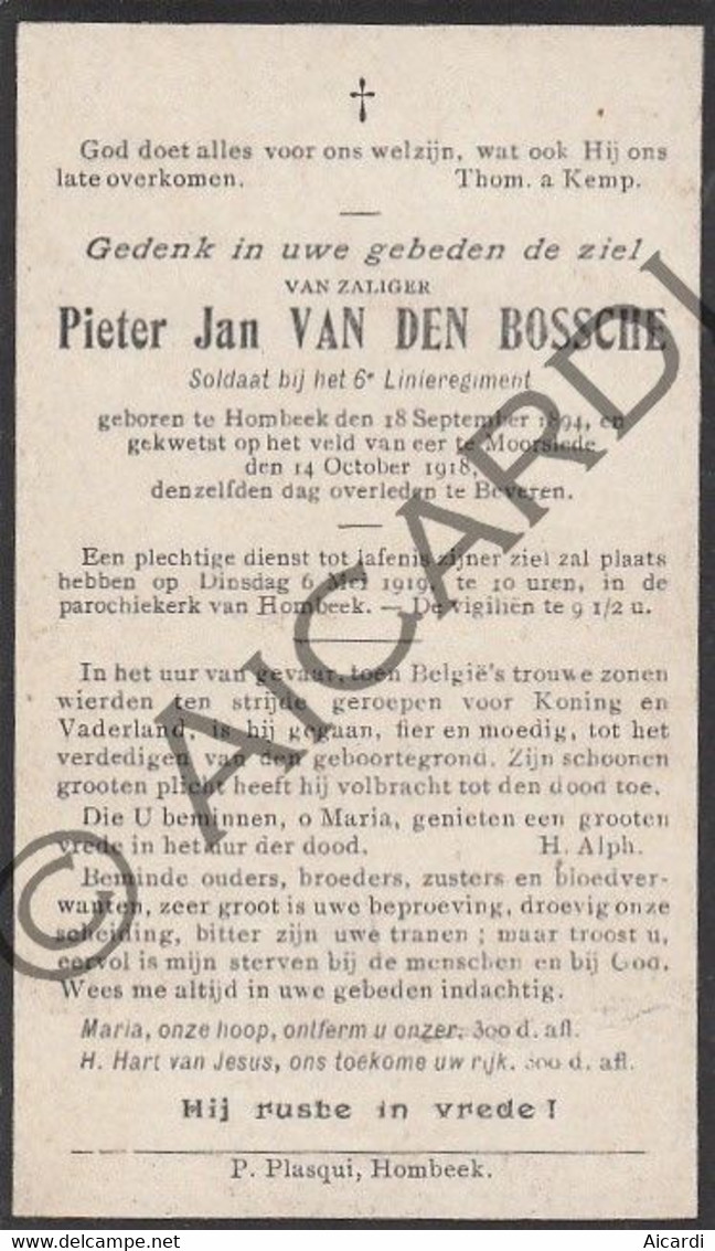 Pieter Jan VAN DEN BOSSCHE °1894 Hombeek †1918 Moorslede/Beveren -WOI - Militaria - Soldaat 6e Linie (F224) - Overlijden