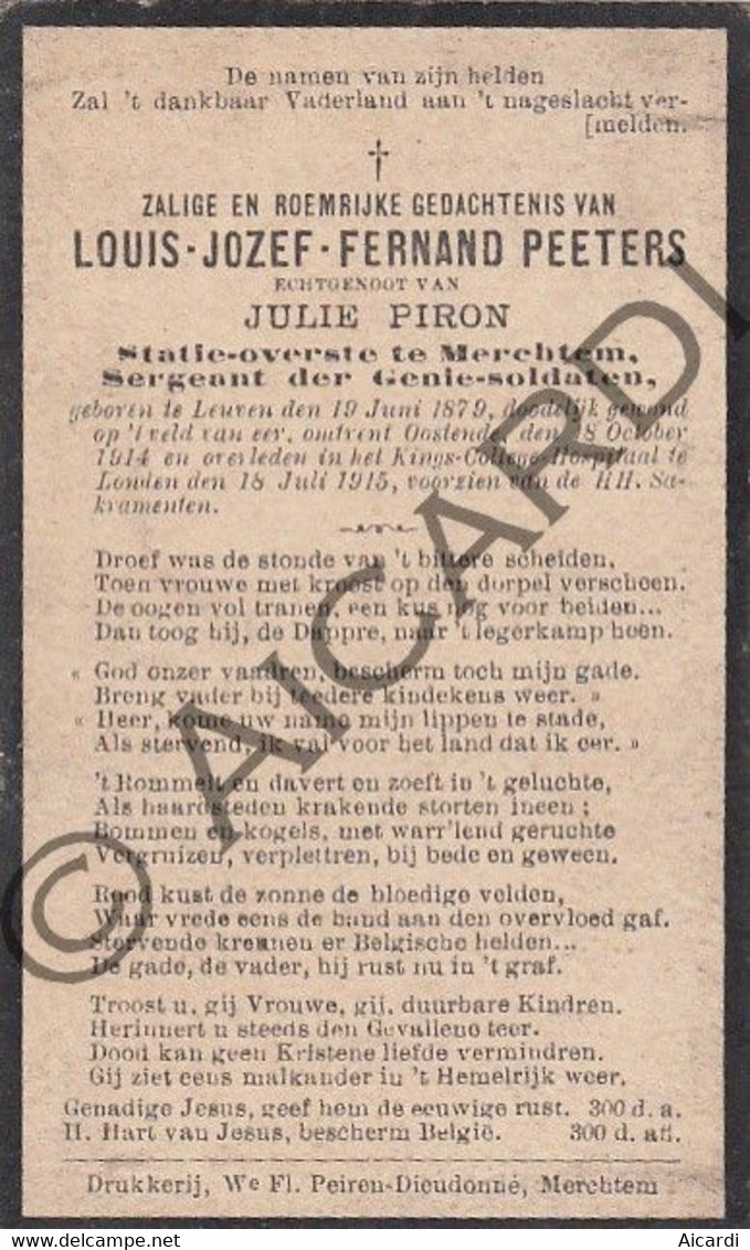 Louis J-F PEETERS °1879 Leuven †1915 Oostende/Londen -WOI/Militaria/Statie Overste Merchtem/Sergeant- Julie PIRON (F225) - Avvisi Di Necrologio