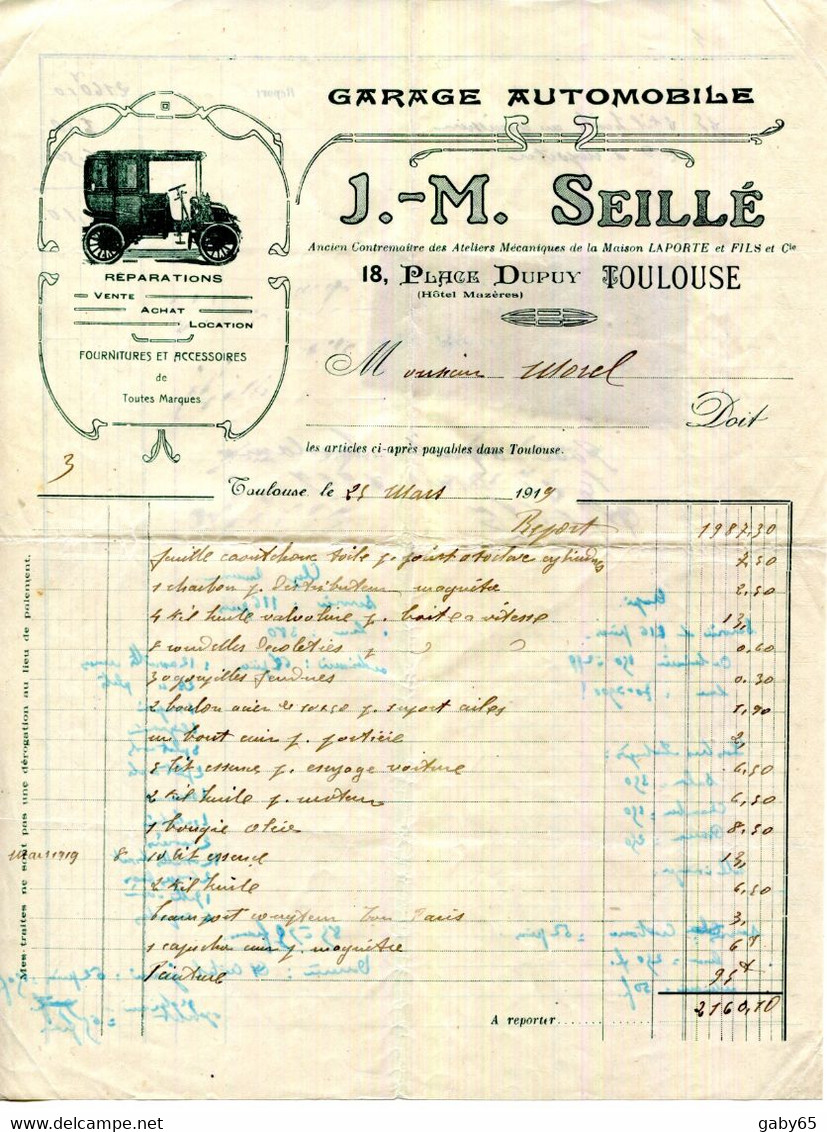 FACTURE.31.TOULOUSE.GARAGE AUTOMOBILE.J.M.SELLÉ 18 PLACE DUPUIS (HOTEL MAZÈRES) - Auto's