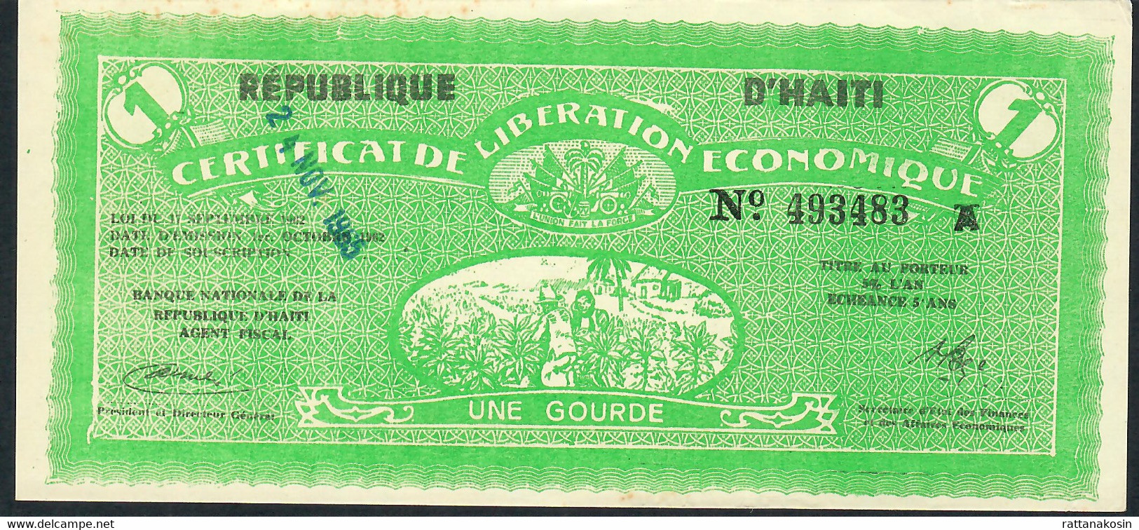 HAITI P501 1 GOURDE Certificat De Libération économique Loi 1962 / 24 November 1965 AU/UNC. - Haïti