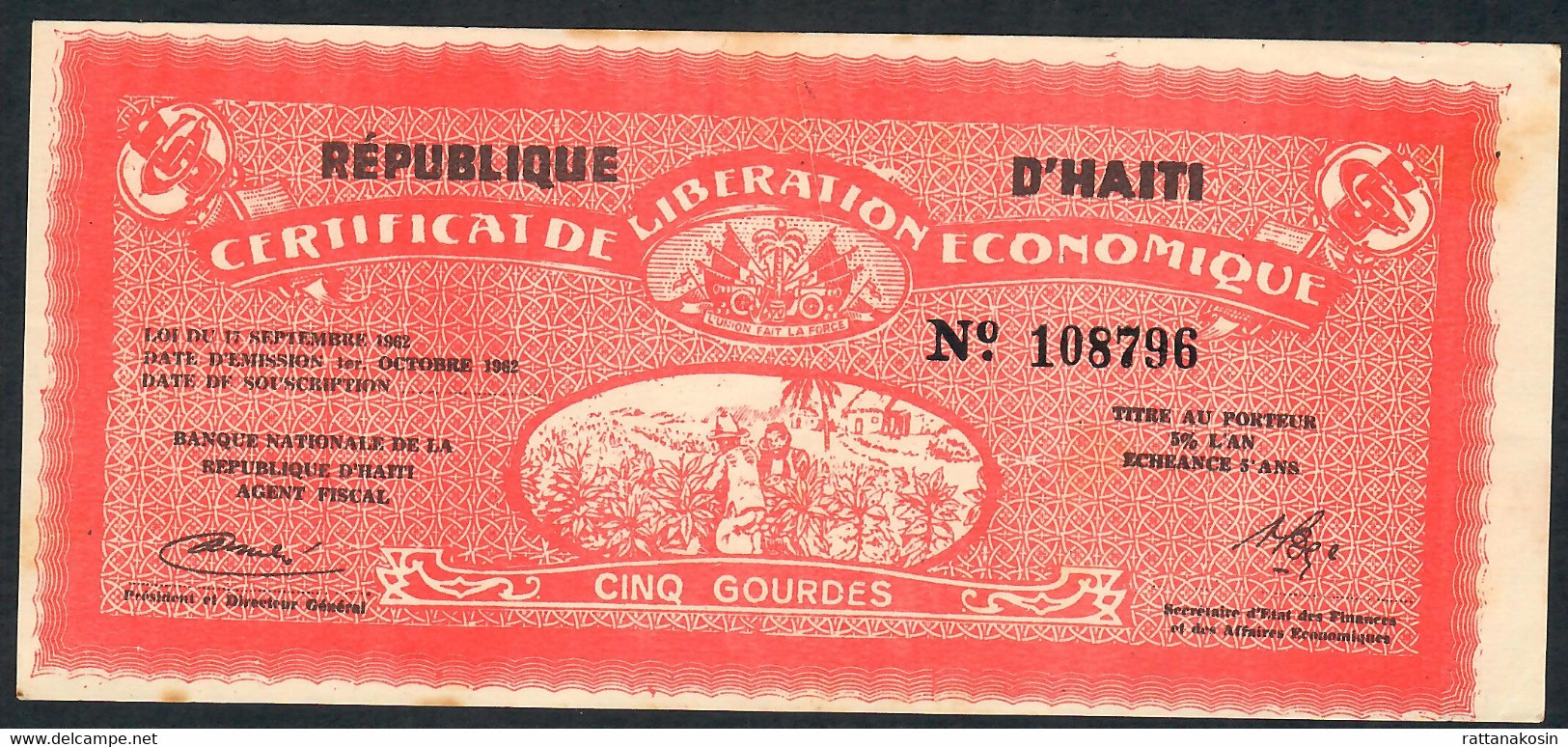 HAITI P502 5 GOURDES Certificat De Libération économique Loi 1962 / 16 December 1962 AU/UNC. - Haïti