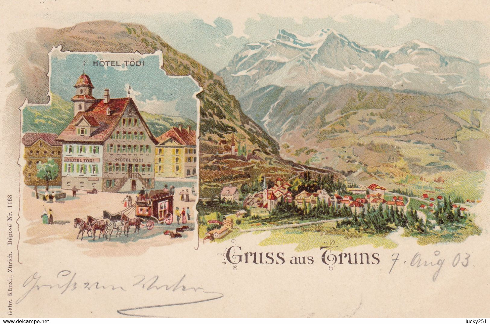 Suisse - Hôtel - Truns- Hôtel Tödi - Circulée 07/08/1903 - Litho - Trun