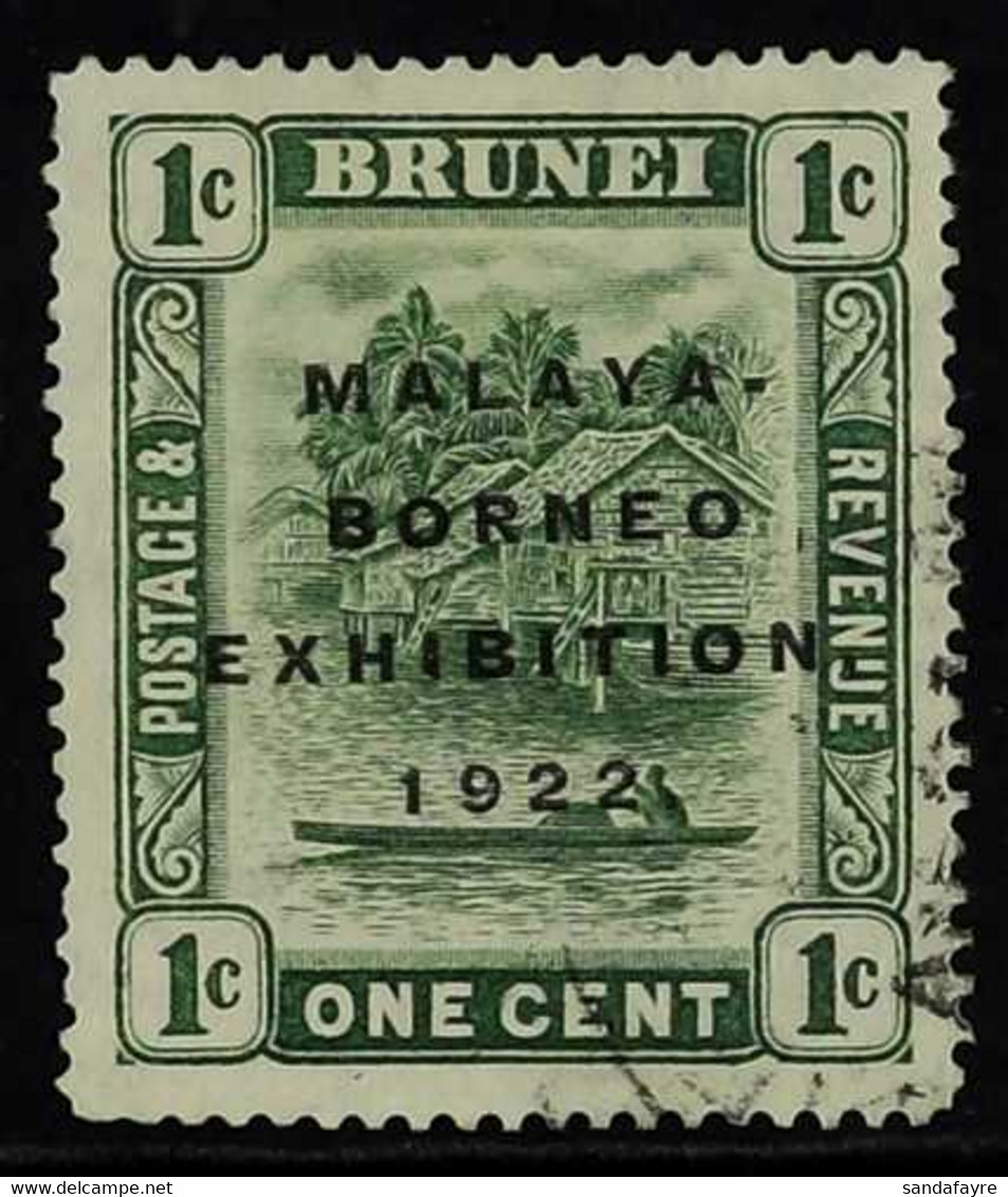 1922 VARIETY 1c Green "View On Brunei River" Opt'd Borneo Exhibition, Variety "Short I", SG 51a, Fine Cds Used For More  - Brunei (...-1984)