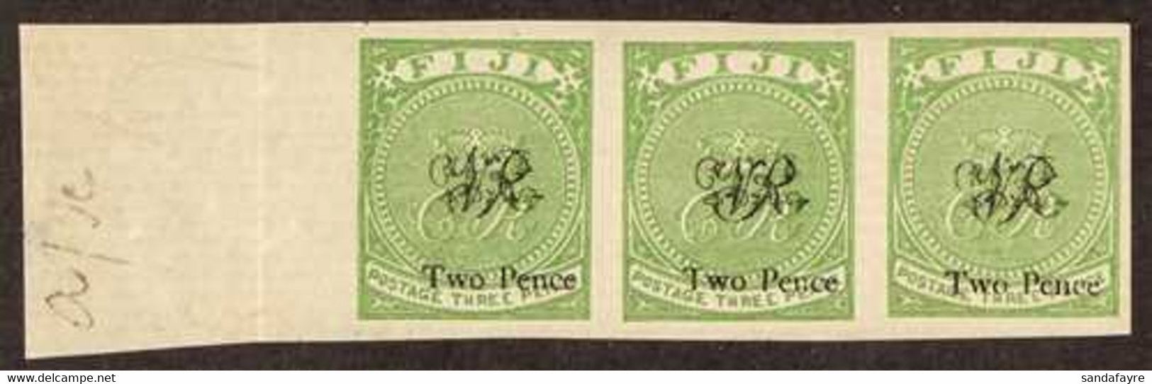 1877 2d On 3d Yellow-green On Laid Paper, A Superb IMPERF HORIZONTAL STRIP OF THREE, As SG 32, Ex Printers Trials, All T - Fiji (...-1970)