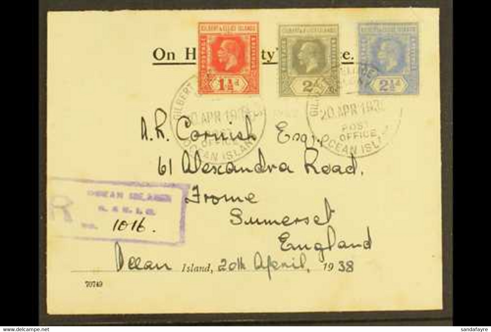 OCEAN ISLAND 1938 (20th April) KGV Late Use Registered OHMS Cover To Somerset, England Bearing 1912-24 Die I 2d Greyish  - Gilbert & Ellice Islands (...-1979)