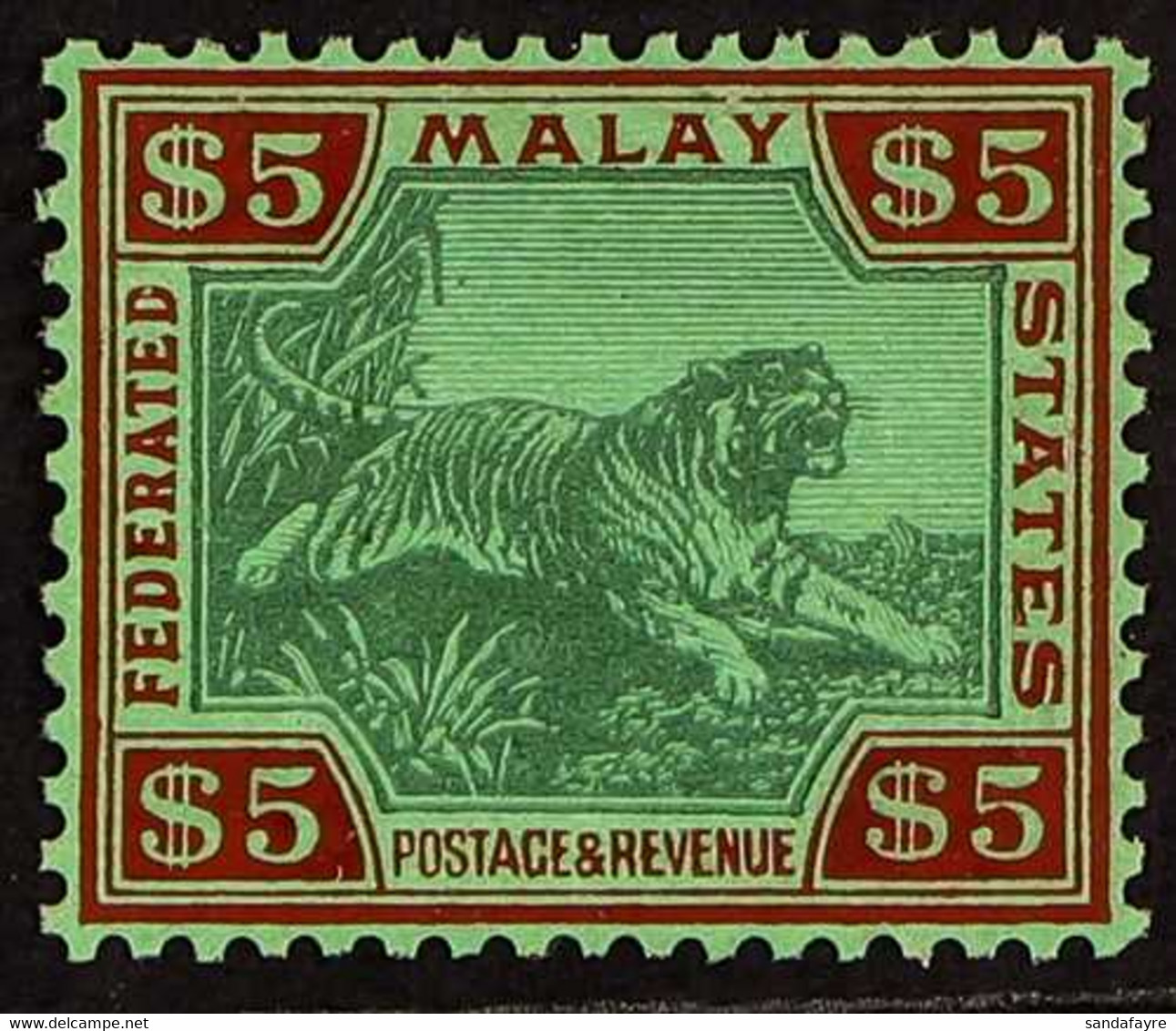 FEDERATED MALAY STATES 1922-34 $5 Green & Red On Green Tiger, SG 81, Very Fine Mint, Very Fresh. For More Images, Please - Andere & Zonder Classificatie