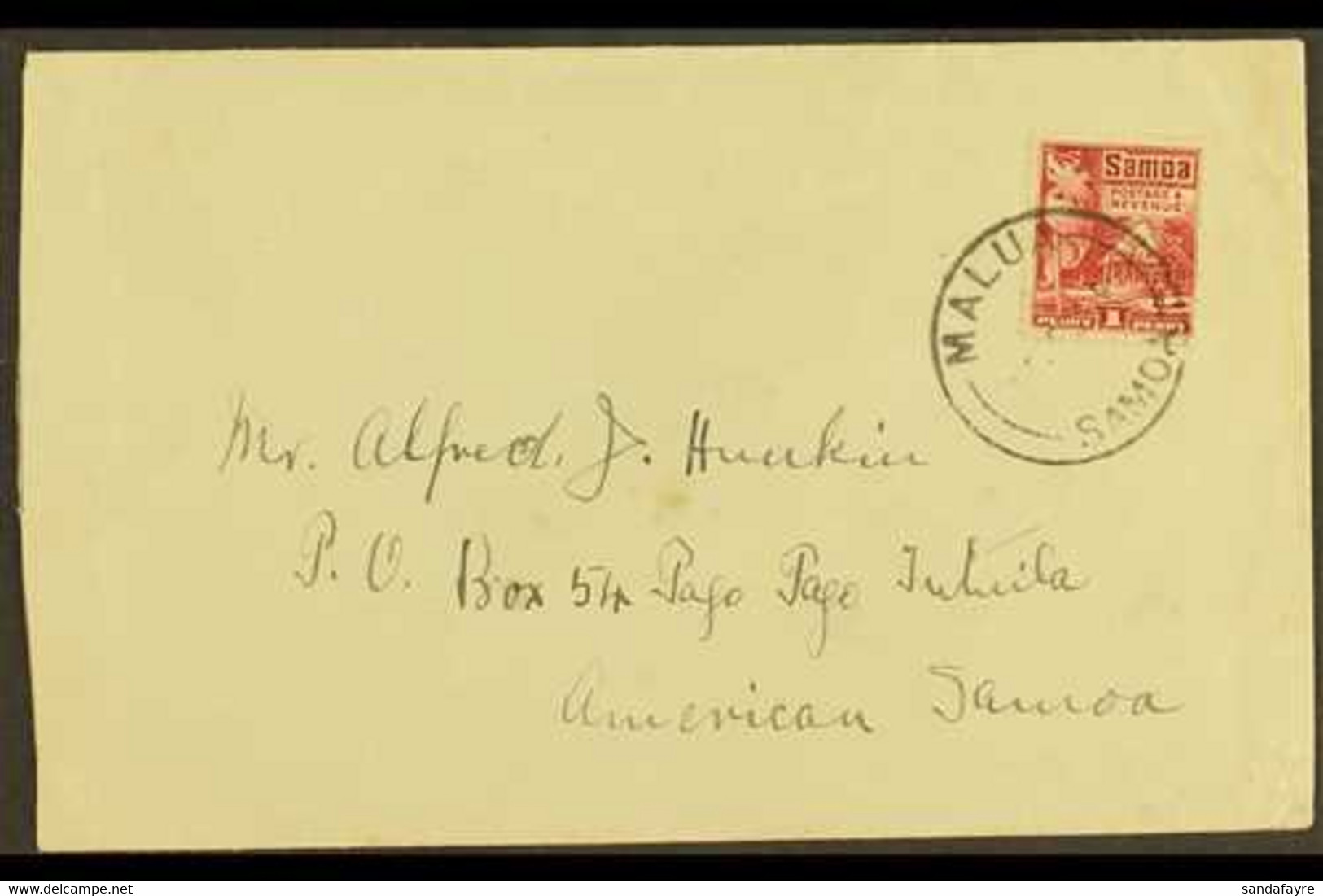 1930 (Jun) Env. To American Samoa, Franked Samoa 1921 1d Hut, "MALUA" Postmark With Apia Transit Mark Of 10 Jun On Rever - Samoa