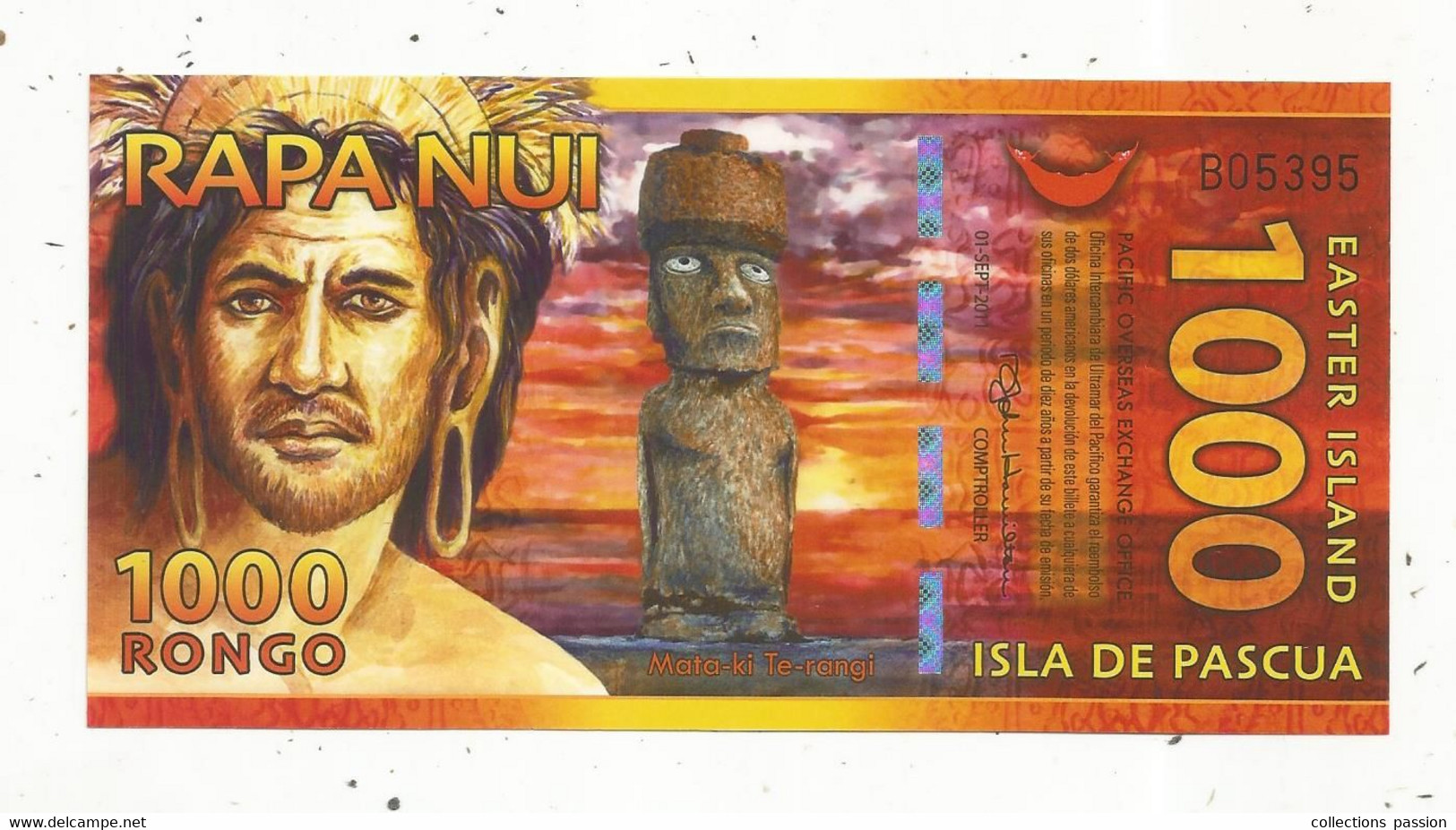 Billet, CHILI, Isla De Pascua, 1000 RONGO, Easter Island, Rapa Nui, 2 Scans, UNC,frais Fr 1.65 E - Chili
