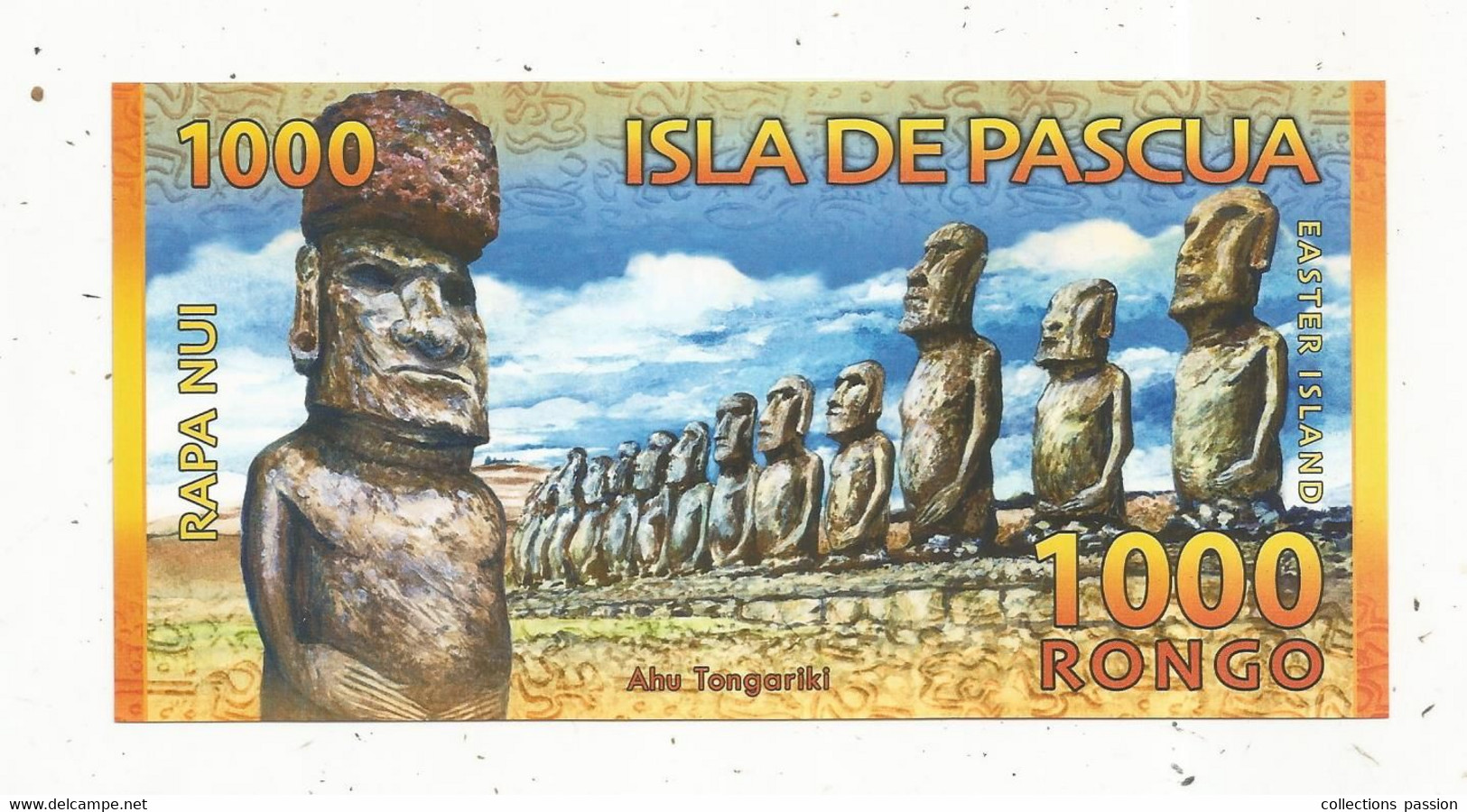 Billet, CHILI, Isla De Pascua, 1000 RONGO, Easter Island, Rapa Nui, 2 Scans, UNC,frais Fr 1.65 E - Chili