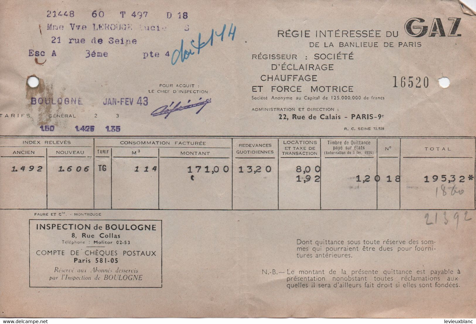 2 Factures GAZ/ Avec Publicités Eau Chaude Cuisine & Chauffage/Gaz Banlieue Paris/BOULOGNE/ Lerouge/ 1943    GEF69 - Elektriciteit En Gas