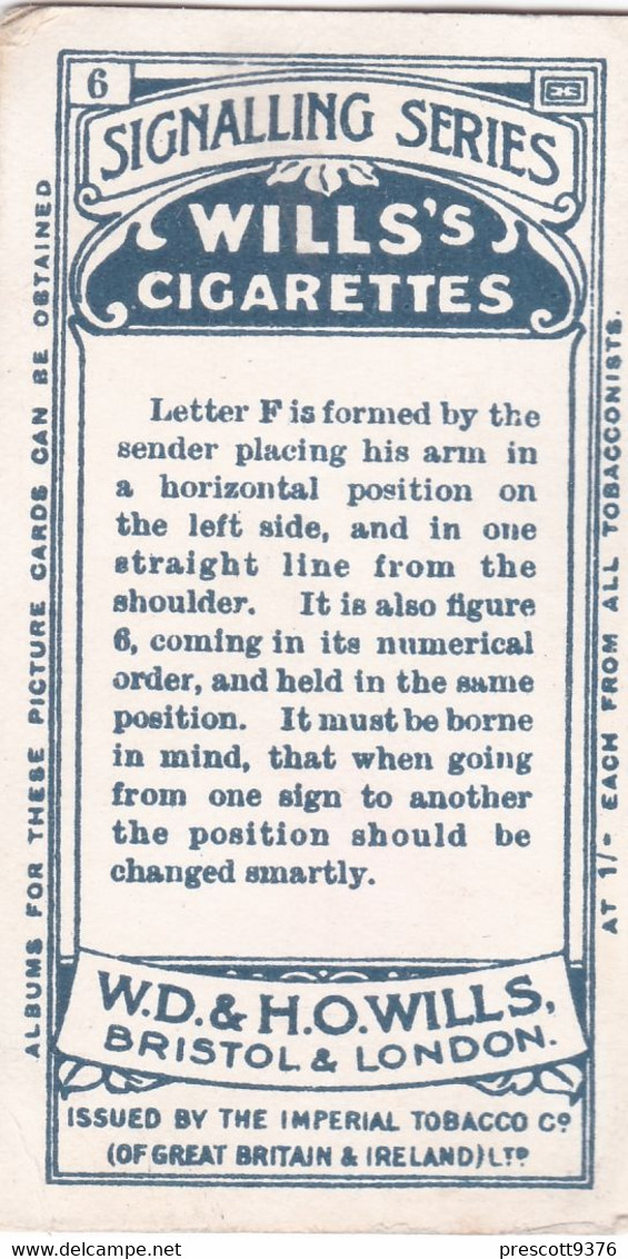 6 Letter F  - Signalling Series 1911 - Wills Cigarette Card - Original Antique - Alphabet - Military - Navy - Wills