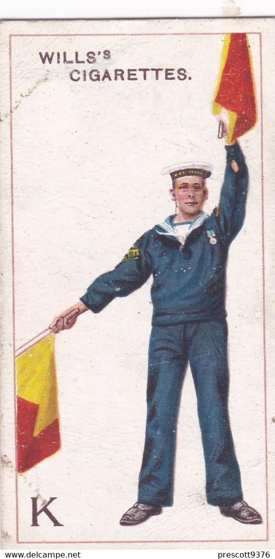 11 Letter K  - Signalling Series 1911 - Wills Cigarette Card - Original Antique - Alphabet - Military - Navy - Wills