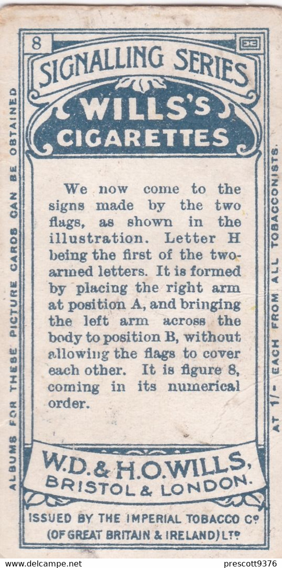 8 Letter  H - Signalling Series 1911 - Wills Cigarette Card - Original Antique - Alphabet - Military - Navy - Wills