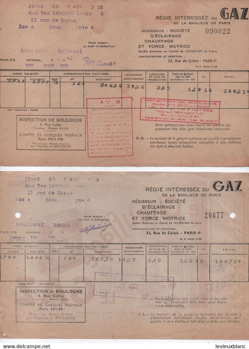 2 Factures GAZ/ Avec Publicités Confort Moderne & Chauffage/Gaz Banlieue Paris/BOULOGNE/ Lerouge/ 1943    GEF71 - Elettricità & Gas