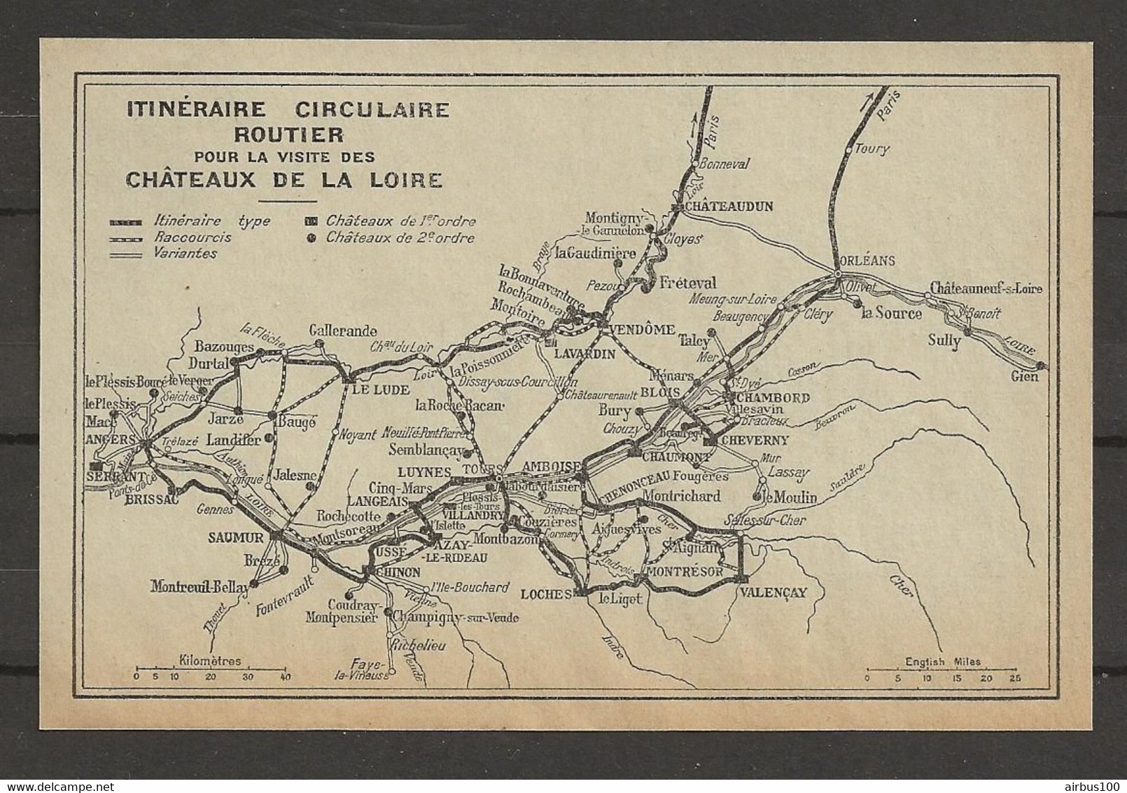 CARTE PLAN 1929 - ITINÉRAIRE CIRCULAIRE ROUTIER POUR LA VISITE DES CHATEAUX DE LA LOIRE - Cartes Topographiques