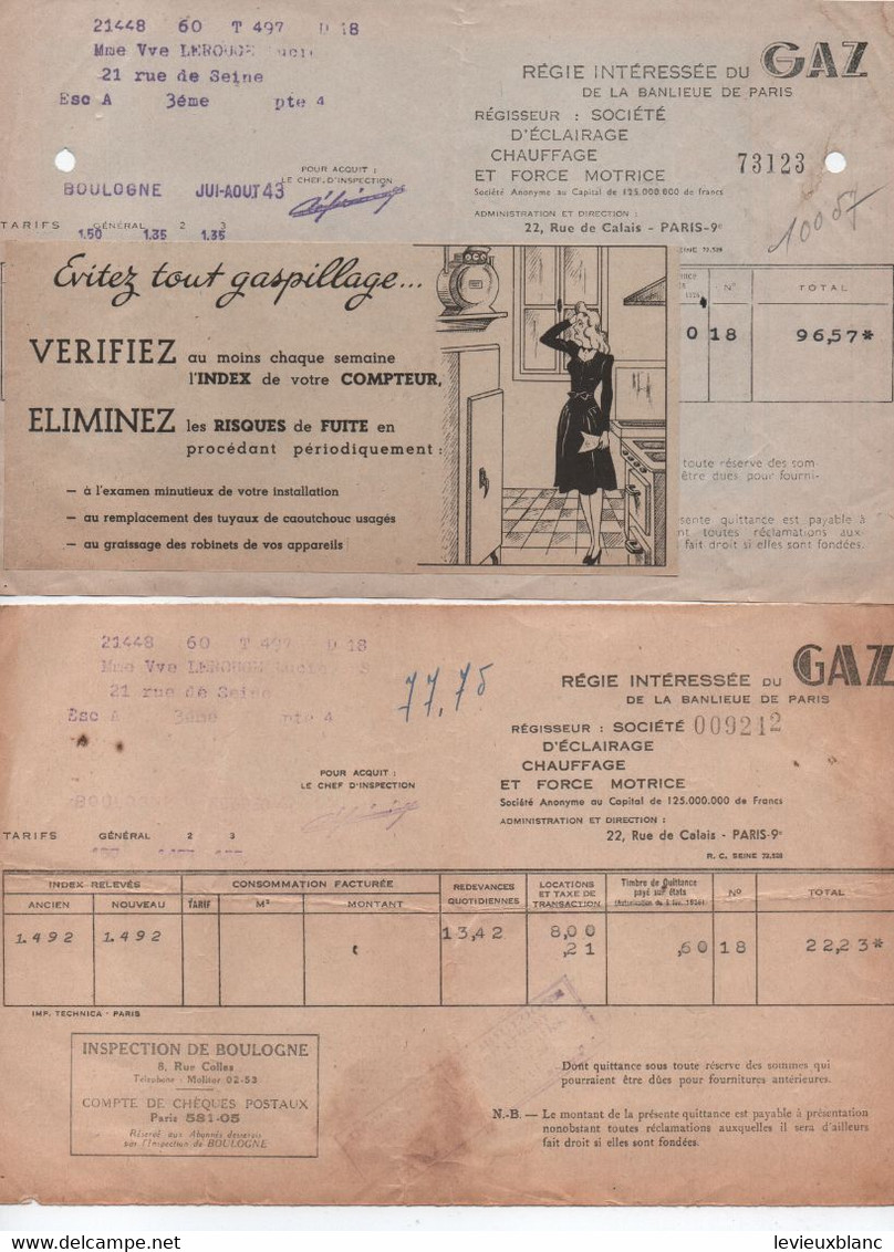 2 Factures GAZ/ Avec Publicités Confort Moderne & Eau Chaude /Gaz Banlieue Paris/BOULOGNE/ Lerouge/ 1943    GEF73 - Elektriciteit En Gas