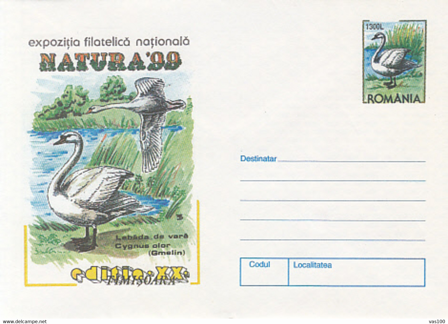 ANIMALS, BIRDS, MUTE SWAN, COVER STATIONERY, ENTIER POSTAL, 1999, ROMANIA - Cygnes