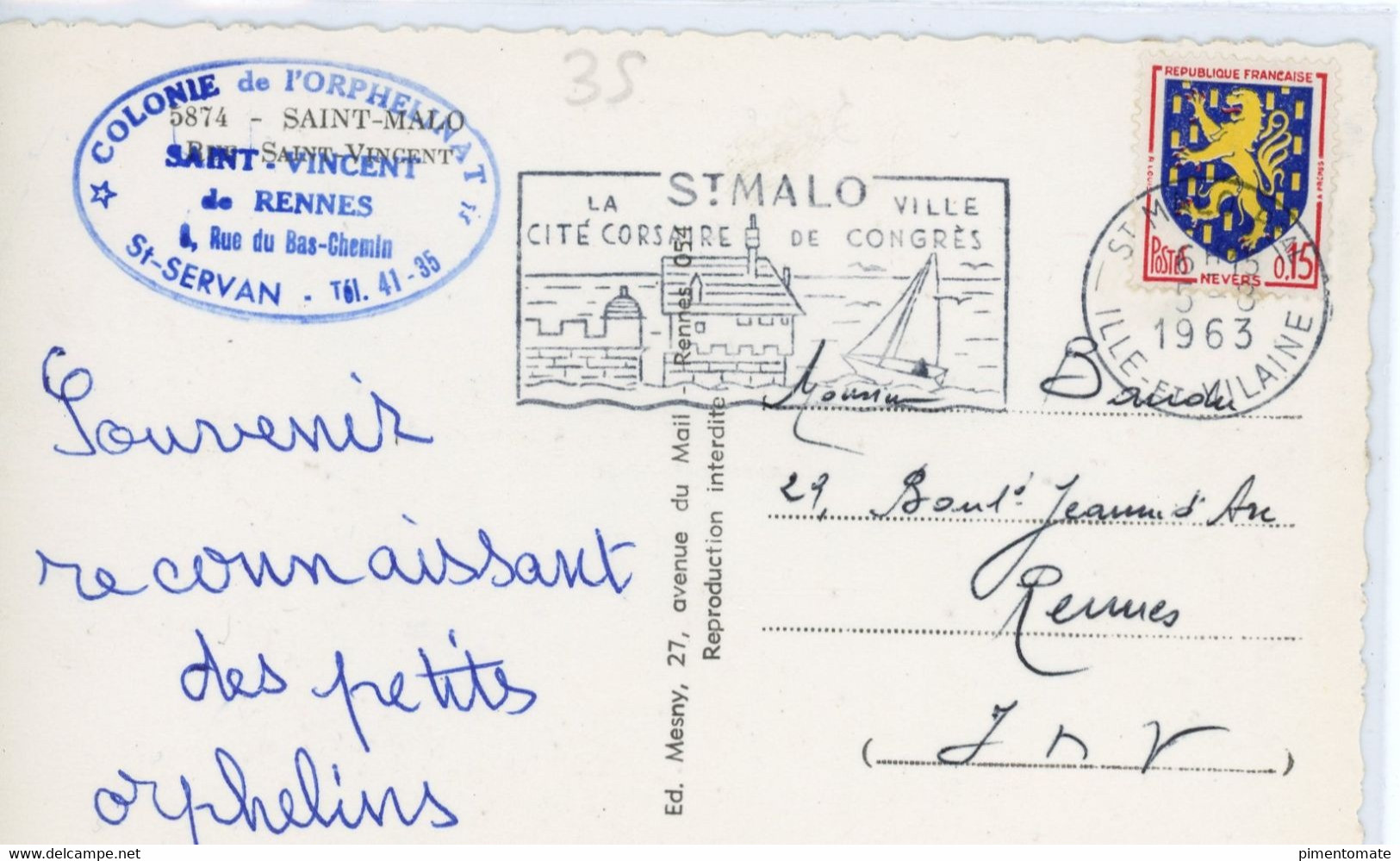 SAINT MALO RUE SAINT VINCENT BATA COLONIE DE L'ORPHELINAT SAINT VINCENT DE RENNES SAINT SERVAN FLAMME POSTALE 1963 - Saint Malo