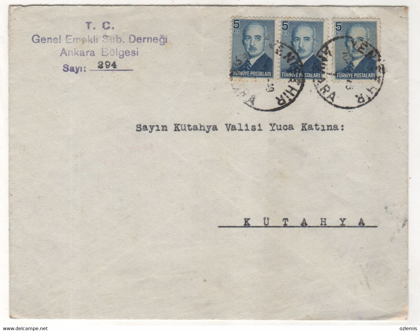 TURKEY -ANKARA   TO KUTAHAYA 1949  USED COVER - Briefe U. Dokumente
