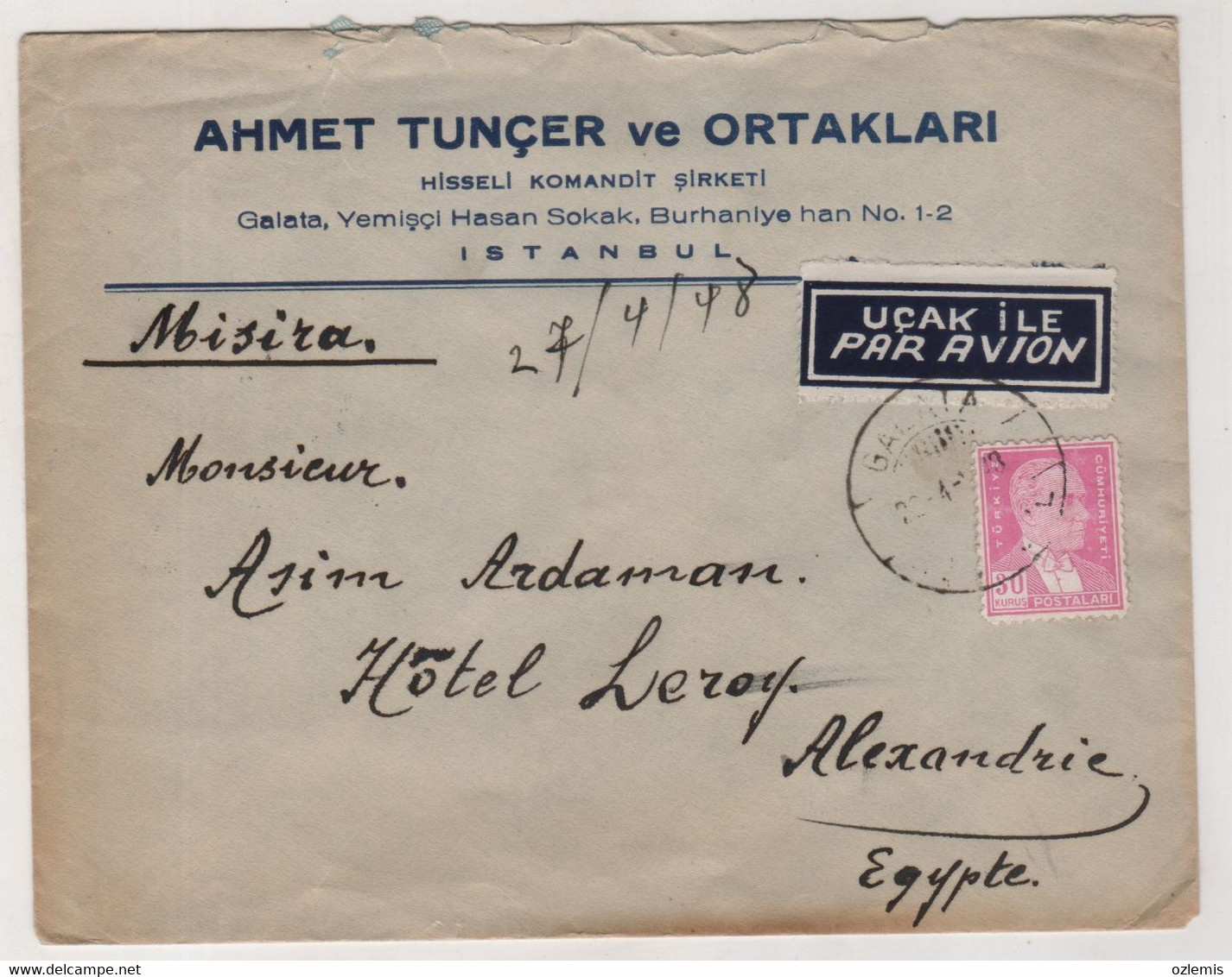 TURKEY -ISTANBUL  TO  EGYPTE  1948  USED COVER - Covers & Documents