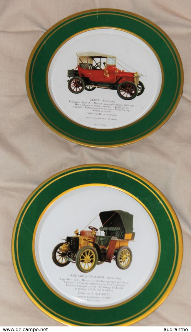 6 Assiettes Publicitaires Shell Tôle Lithographiée Musée Automobile 60's Voitures Renault Panhard Et Levassor Zebre - Plates