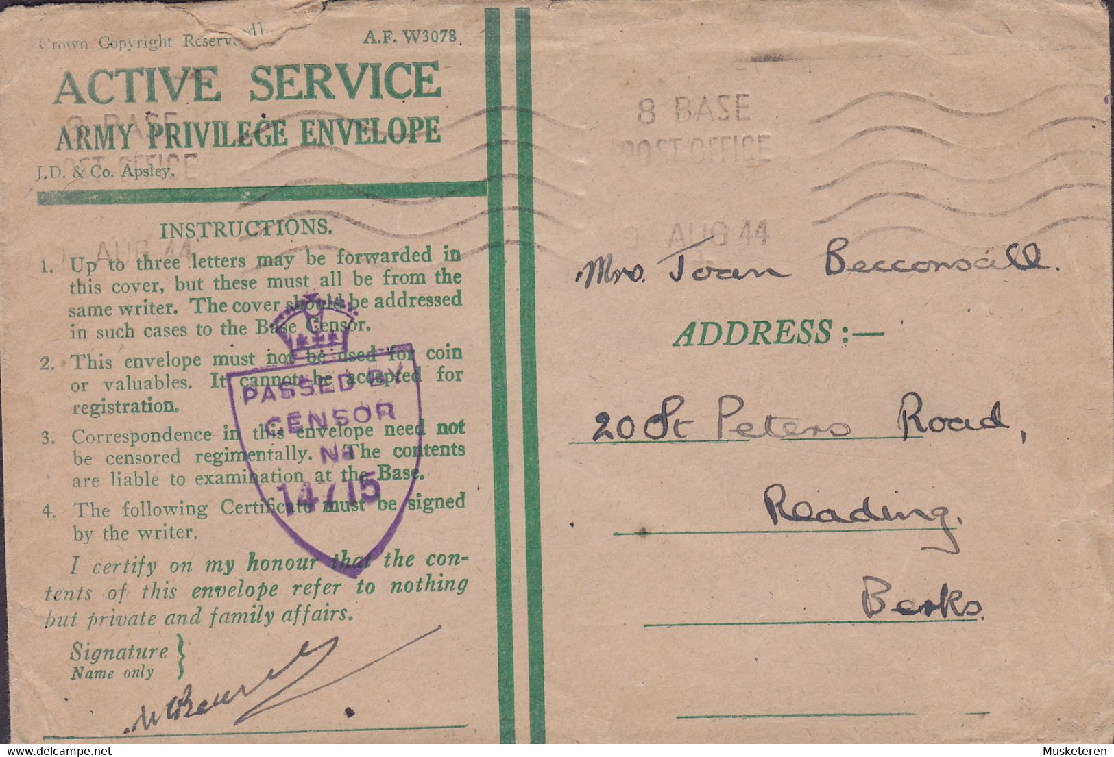 Great Britain ACTIVE SERVICE Army Privilege Envelope BASE POST OFFICE 1944 Cover Brief READING Berks. PASSED BY CENSOR - Covers & Documents