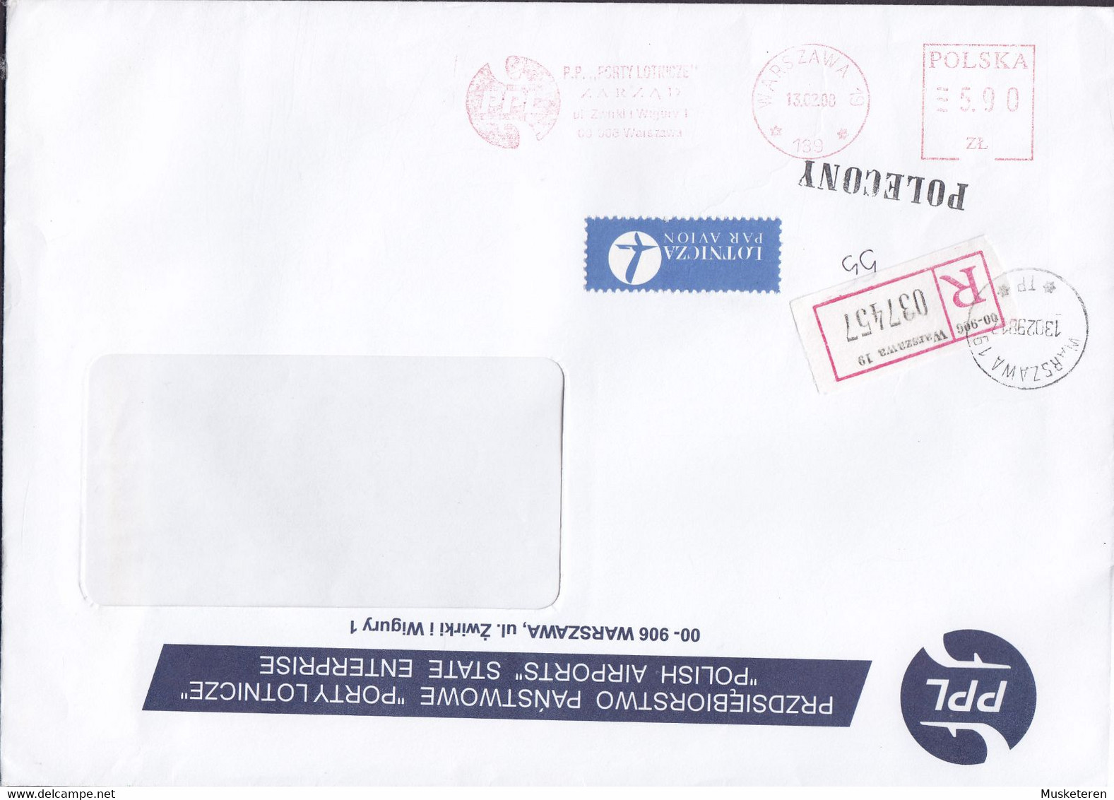 Poland 'POLISH AIRPORTS' STATE ENTERPRISE Registered & LOTNICZA Par Avion Labels Meter 1998 Cover Freistempel Brief - Frankeermachines (EMA)