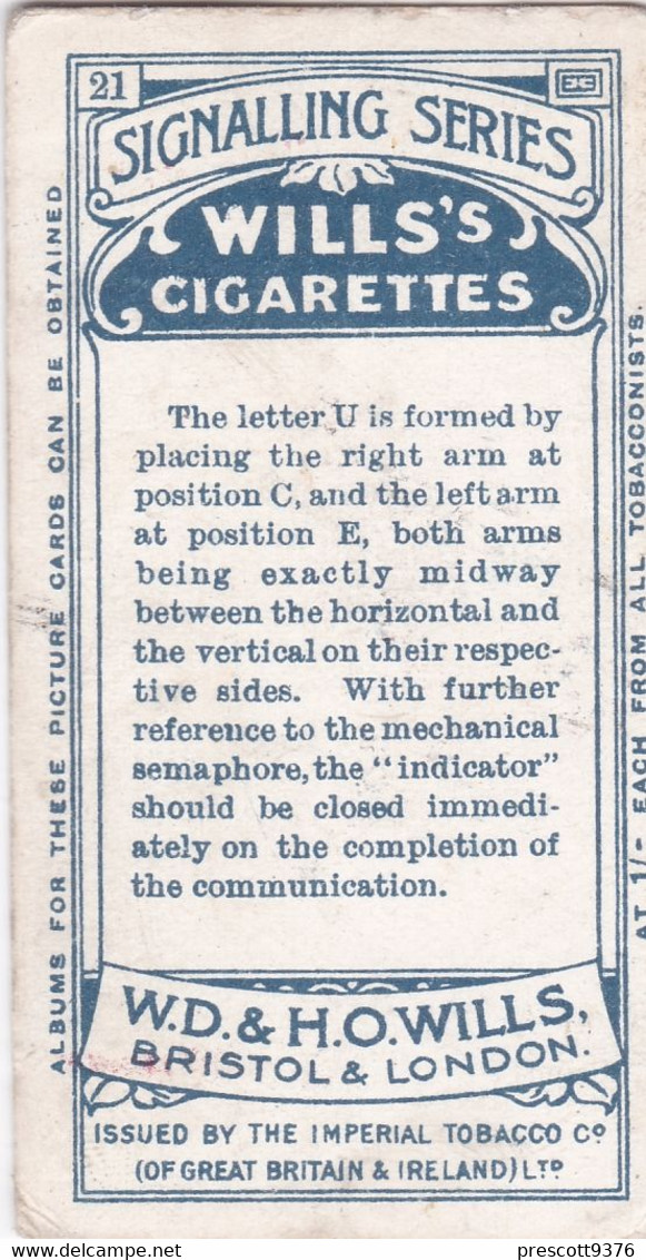21 Letter U  - Signalling Series 1911 - Wills Cigarette Card - Original Antique - Alphabet - Military - Navy - Wills