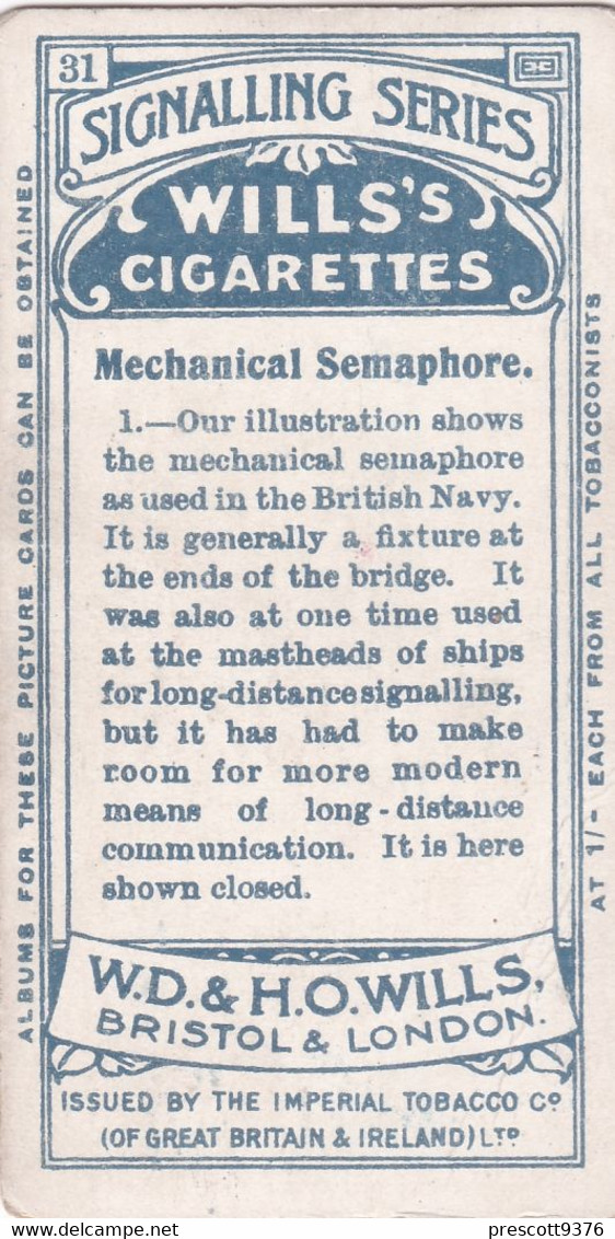 31 Mechanical Semaphore  - Signalling Series 1911 - Wills Cigarette Card - Original Antique - Alphabet - Military - Navy - Wills